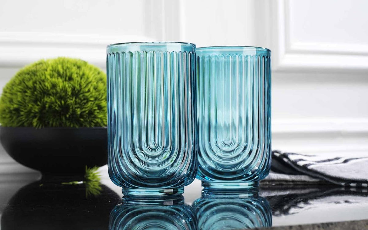 Glaver's Vintage Glassware Art Deco Highball Glasses Set of 4 Blush Ribbed Drinking Glasses 17 Oz U-Shape Arch Design Colored Cocktail Kitchen Tumblers Everyday Dinner Decorative Party, Blue