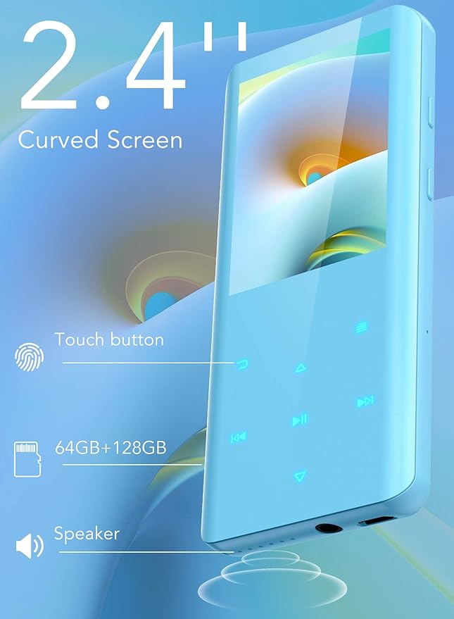 AGPTEK 64GB MP3 Player with Bluetooth 5.3, A19PL 2.4" Curved Screen Portable Music Player with Speaker Lossless Sound with FM Radio, Voice Recorder, Supports up to 128GB, Blue