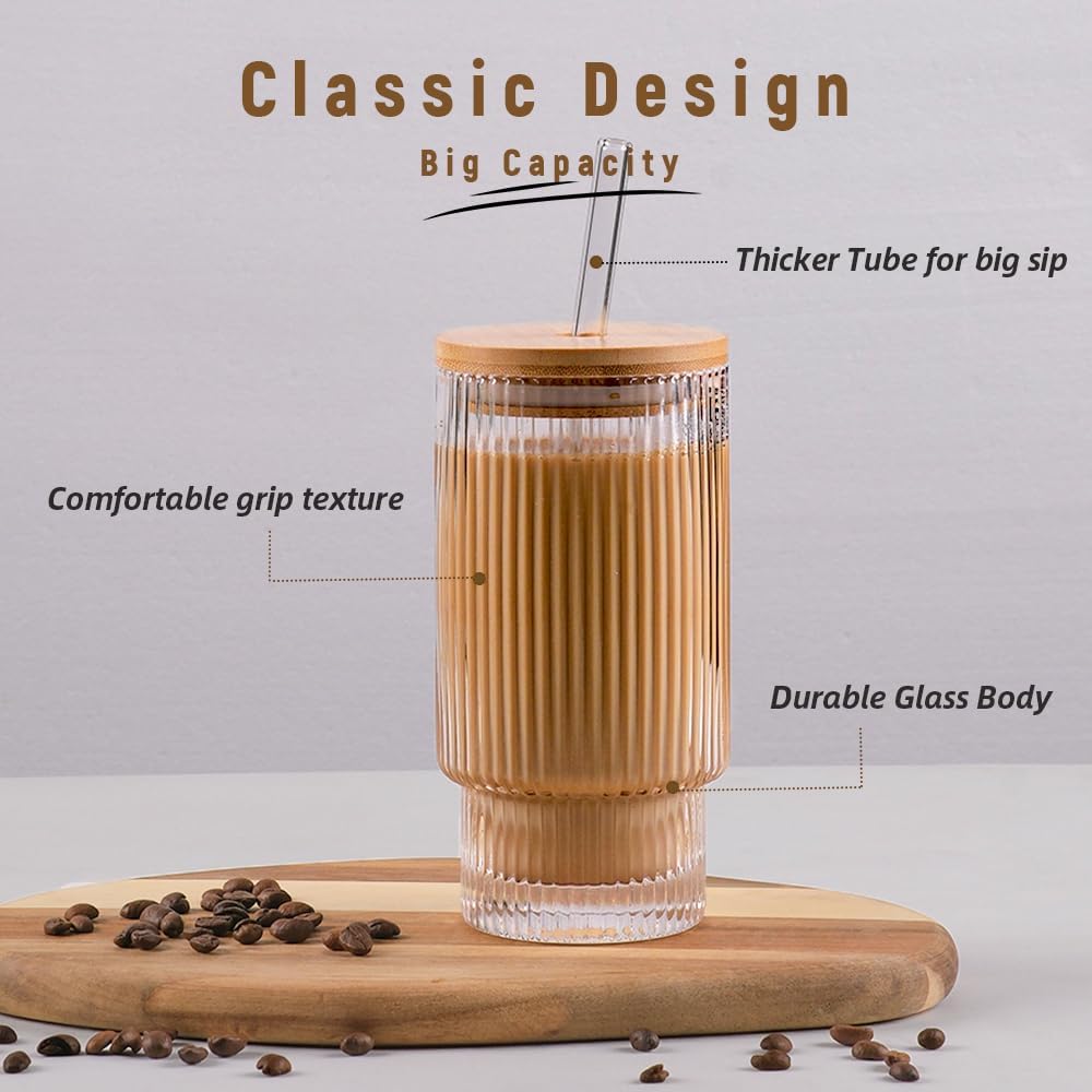 Ribbed Glassware Set of 4, 20oz Origami Style Drinking Glass Cup with Lid and Straw, Iced Coffee, Cocktail, Beer, Juice Stackable Drinking Glasses, Perfect for indoor and outdoor use