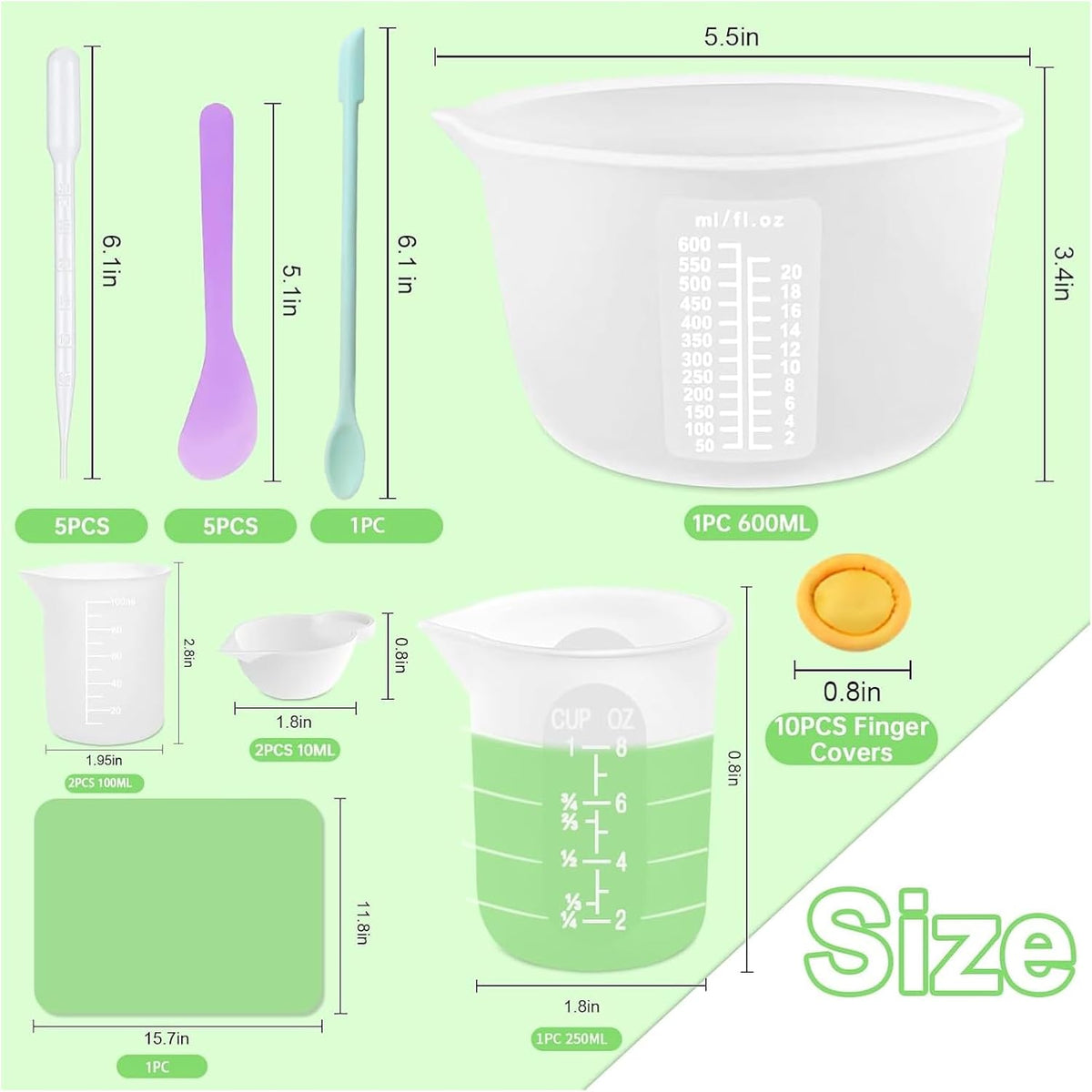 Silicone Measuring Cups Kit for Resin, Epoxy Supplies Set with 600ml, 250ml & 100ml Silicone Cups, Reusable Resin Supplies Cups with Silicone Mat, Stir Sticks, Mixing Cups for Molds Arts, Crafts