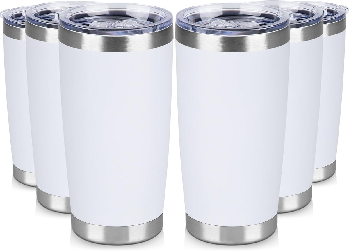 20 oz Tumbler Stainless Steel Tumblers Bulk with Lid Double Wall Insulated Coffee Tumbler Cups for Hot & Cold Drinks Powder Coated Travel Coffee Tumbler Mug Metal (White, 6 pack)