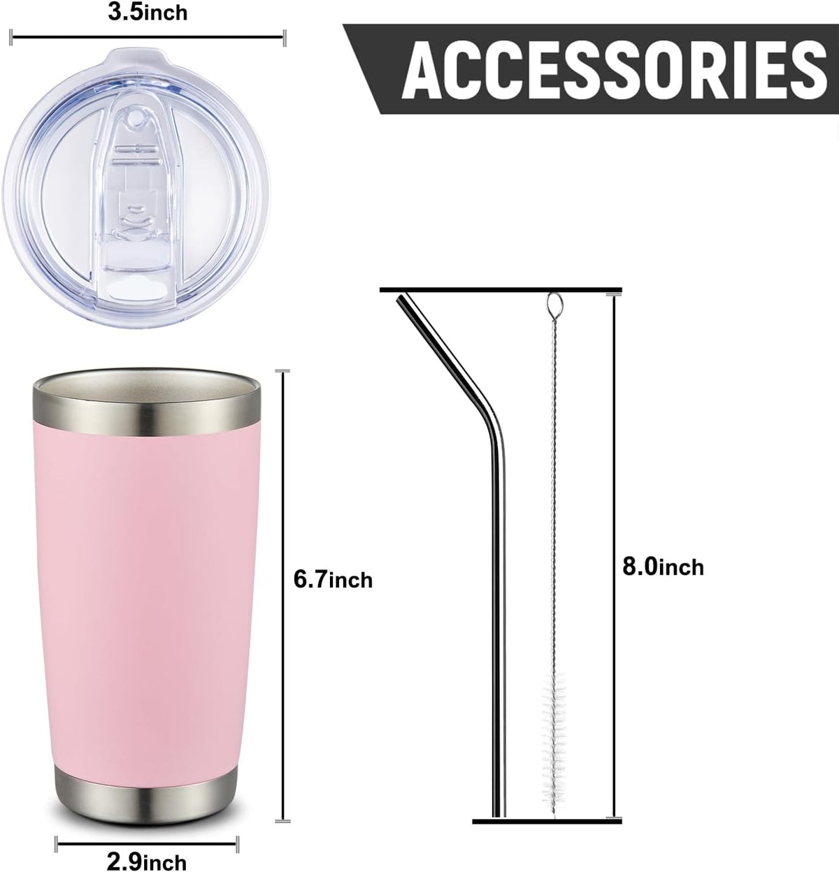 COMOOO 20oz 8 Pack Tumbler Double Wall Vacuum Insulated Coffee Travel Mug Stainless Steel Tumbler Bulk with Lid and Straw Insulated Coffee Cup for Cold & Hot Drinks (Pink, 8 Pack)