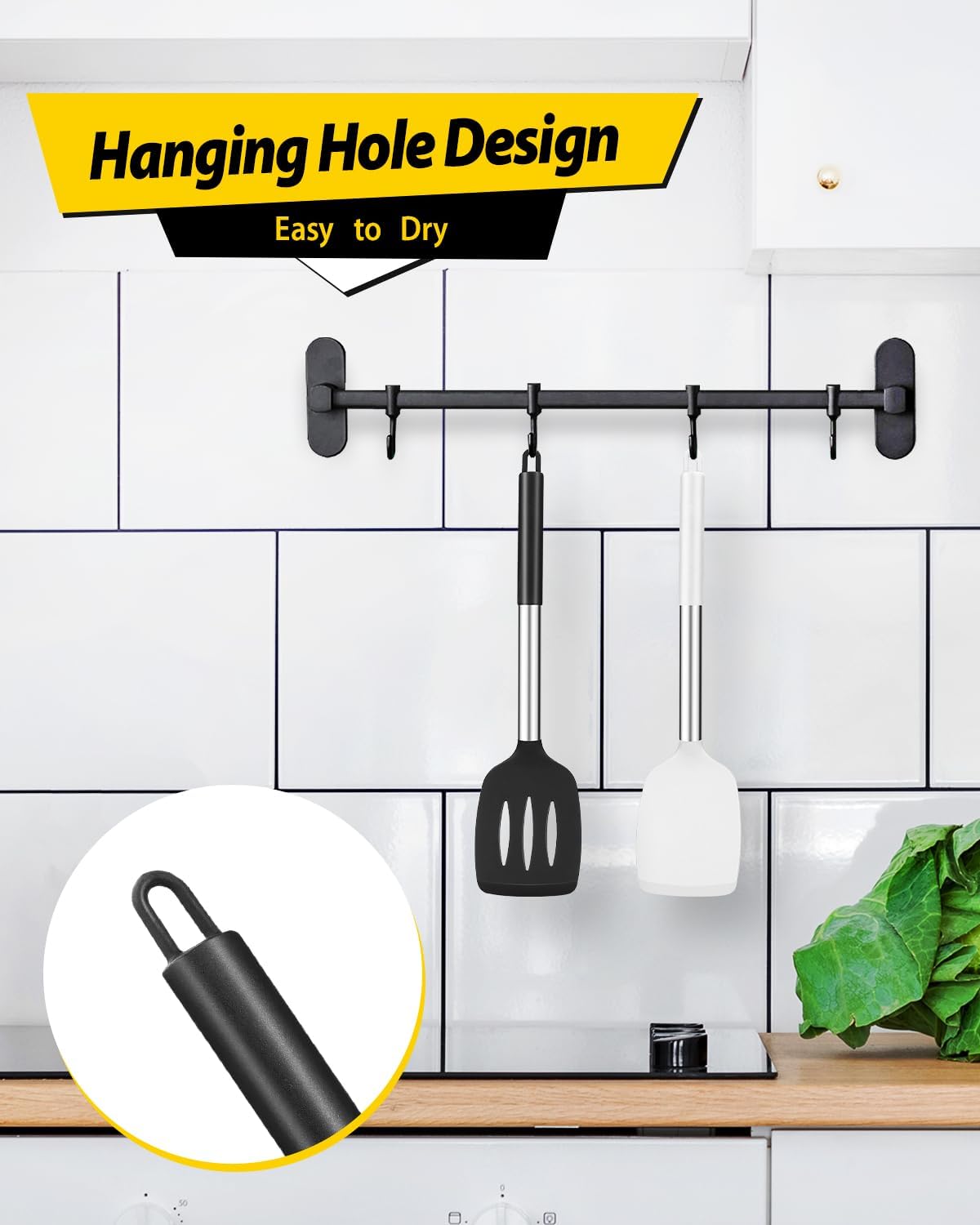 Pack of 2 Silicone Solid Turner, Non Stick Slotted Kitchen Spatulas, High Heat Resistant BPA Free Cooking Utensils, Ideal Cookware for Fish, Eggs, Pancakes(Black-White)