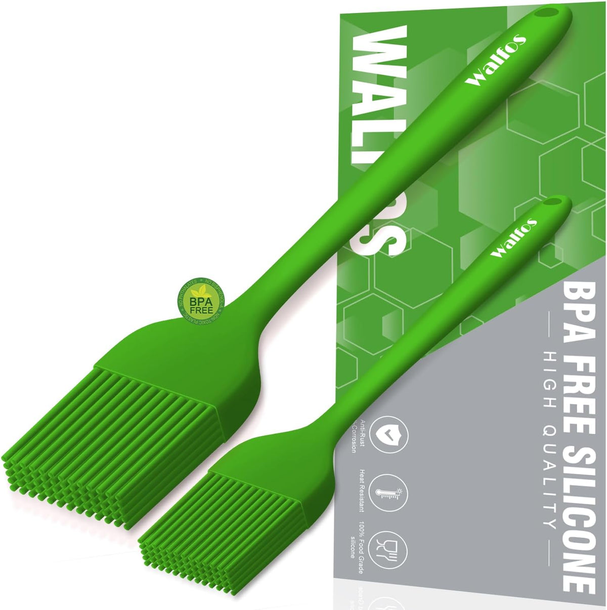 Walfos Silicone Basting Pastry Brush, Heat Resistant Pastry Brush Set, Strong Steel Core and One-Pieces Design, Perfect for BBQ Grill Baking Kitchen Cooking,BPA Free and Dishwasher Safe,2Pcs (green)