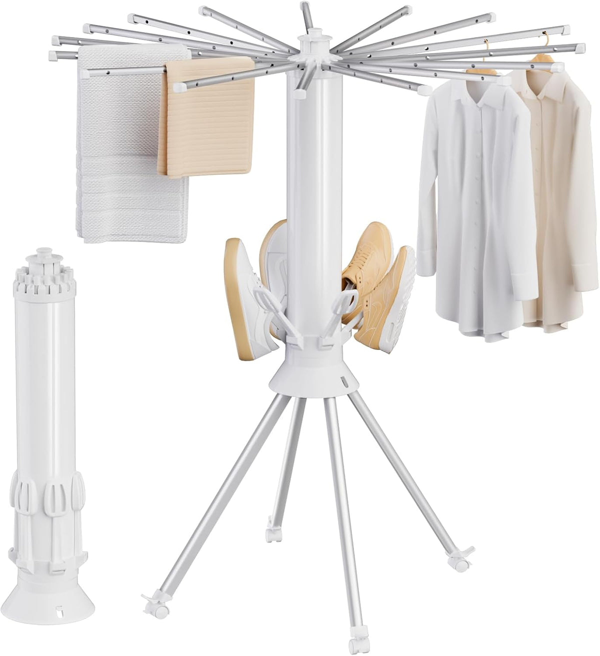 4-Legged Clothes Drying Rack Foldable, Portable Laundry Drying Racks, Outdoor Collapsible Drying Rack Clothing with 4 Pulleys and Anti-Slip Holes, Aluminum Indoor Dry Rack for Clothes, Shoes, Towel