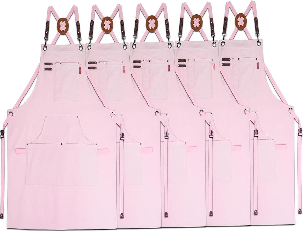 5 Pack Kitchen Apron, Work Apron, Canvas, Multiple Pockets, Gardening, Painting, BBQ, Artist, Carpenter, Sizes M to XXL, Pink