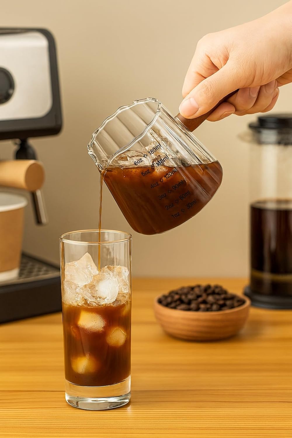 Espresso Cups 6oz/180ml Measuring Cups Glass Espresso Shot Cups Ribbed Espresso Shot Glass with Wooden Handle,Coffee Bar Accessories Milk Frothing Pitcher