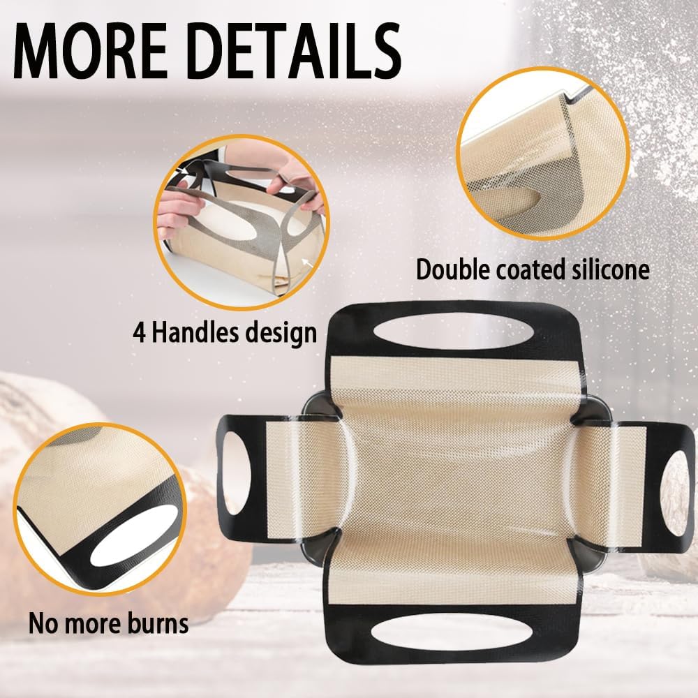 Silicone Bread Sling Mat - Reusable Sourdough Bread Making Loaf Pan Lifter Liner Non-stick & Easy Clean Dough Transfer Mats with 4 Handles Fits for 9x5" or 1.5lb Loaf Pans