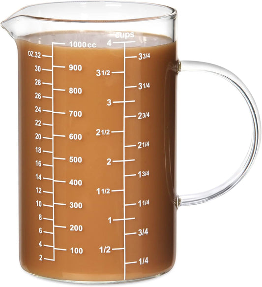 77L Glass Measuring Cup, [Insulated handle, V-Shaped Spout], High Borosilicate Glass Measuring Cup for Kitchen or Restaurant, Easy To Read, 1000 ML (1 Liter, 4 Cup)