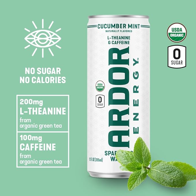 ARDOR ENERGY Sparkling Water with 100mg Natural Caffeine & 200mg L-Theanine from Organic Green Tea for Smooth Energy & Focus | Healthy Energy Drink | No Sugar, Zero Calories, Vegan, Gluten-Free | Cucumber Mint (Pack of 12, 12oz cans)