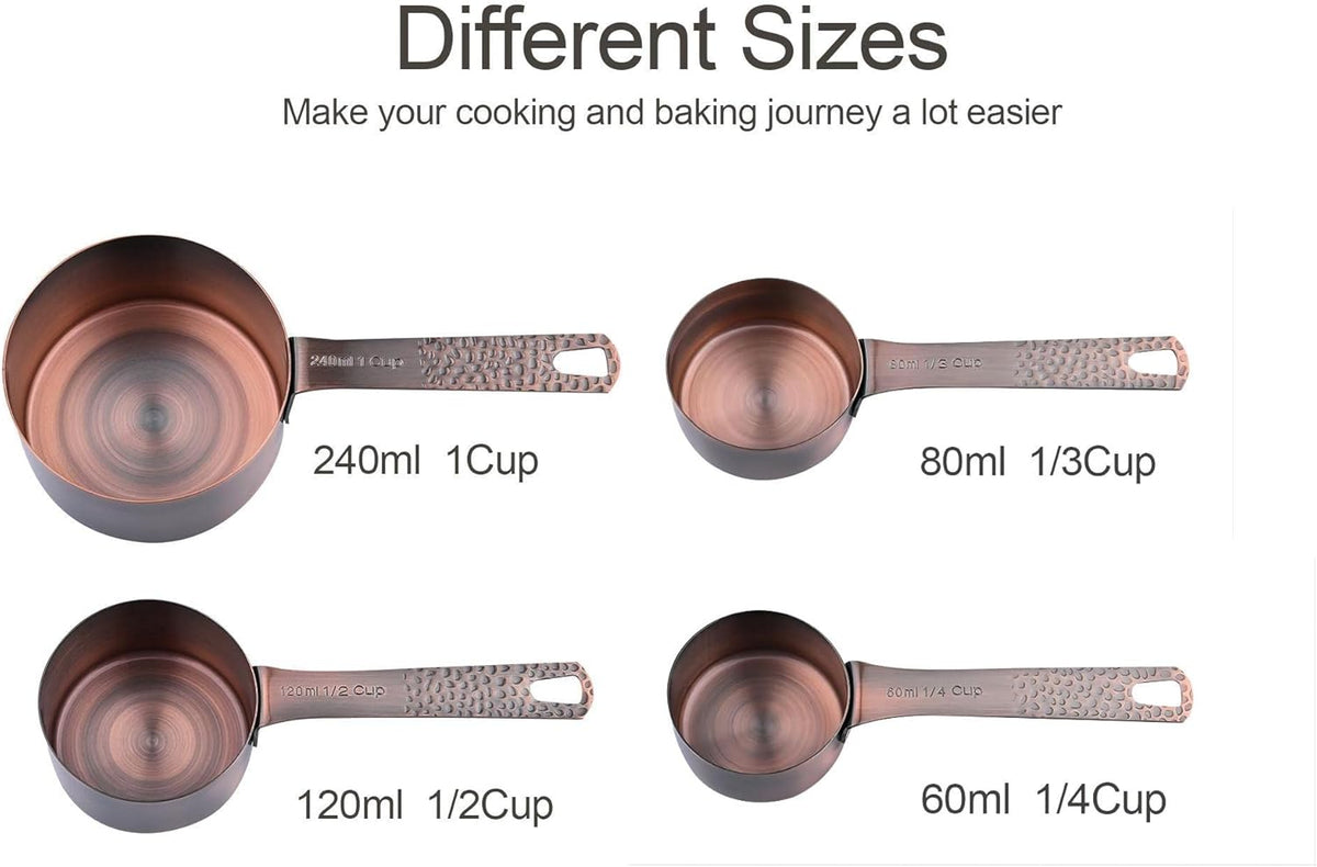 Copper Measuring Cups and Spoons Set, Stainless Steel Measuring Tools Set for Baking & Kitchen, Metric & US 4 Copper Plated MeasureCups and 5 Measure Spoons with Leveler for Wet & Dry
