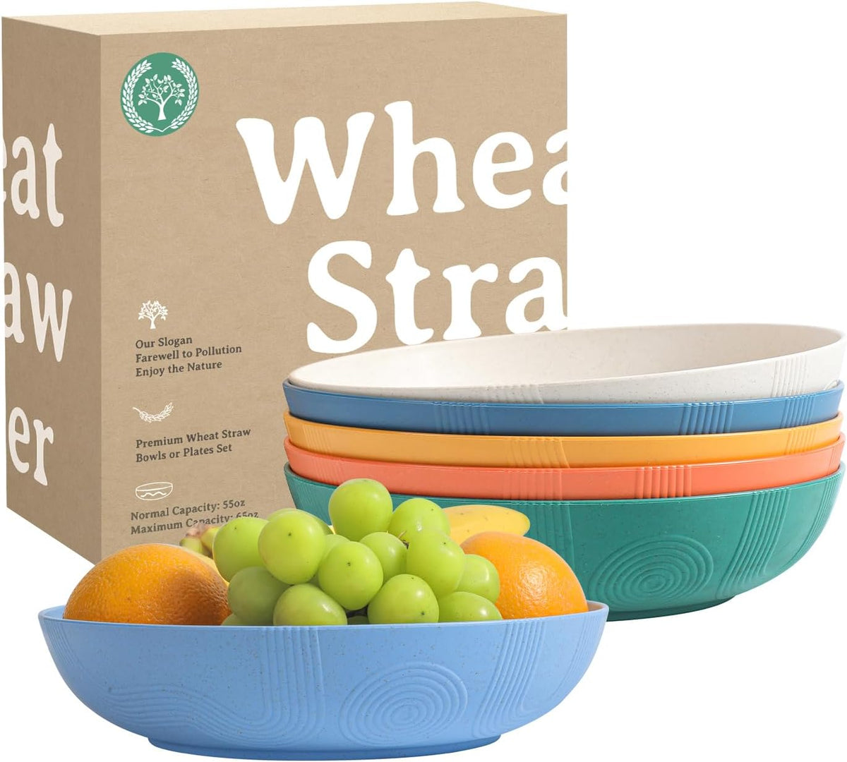 Homienly Wheat Straw Plates - 10 Inch Large Salad Bowls, Set of 6, Wide & Shallow, Microwave & Dishwasher Safe - Multi Color