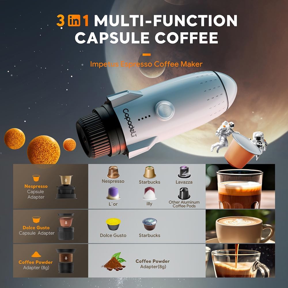 3 in 1 Portable Espresso Machine On the Go, Self-Heating Electric Espresso Maker, 19 Bar Mini Coffee Maker For Travel Camping and Hiking With Ground Coffee & NES PRESSO/DolceGusto Pod, Space Grey