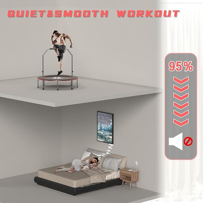 40/48" Low-Impact Rebounder Trampoline for Adults with Bungee, 450/550LBS Quiet Mini Exercise Trampoline with Adjustable U/T-Shaped Foam Handle Bar, Fitness Equipment for Indoor/Gym Workout