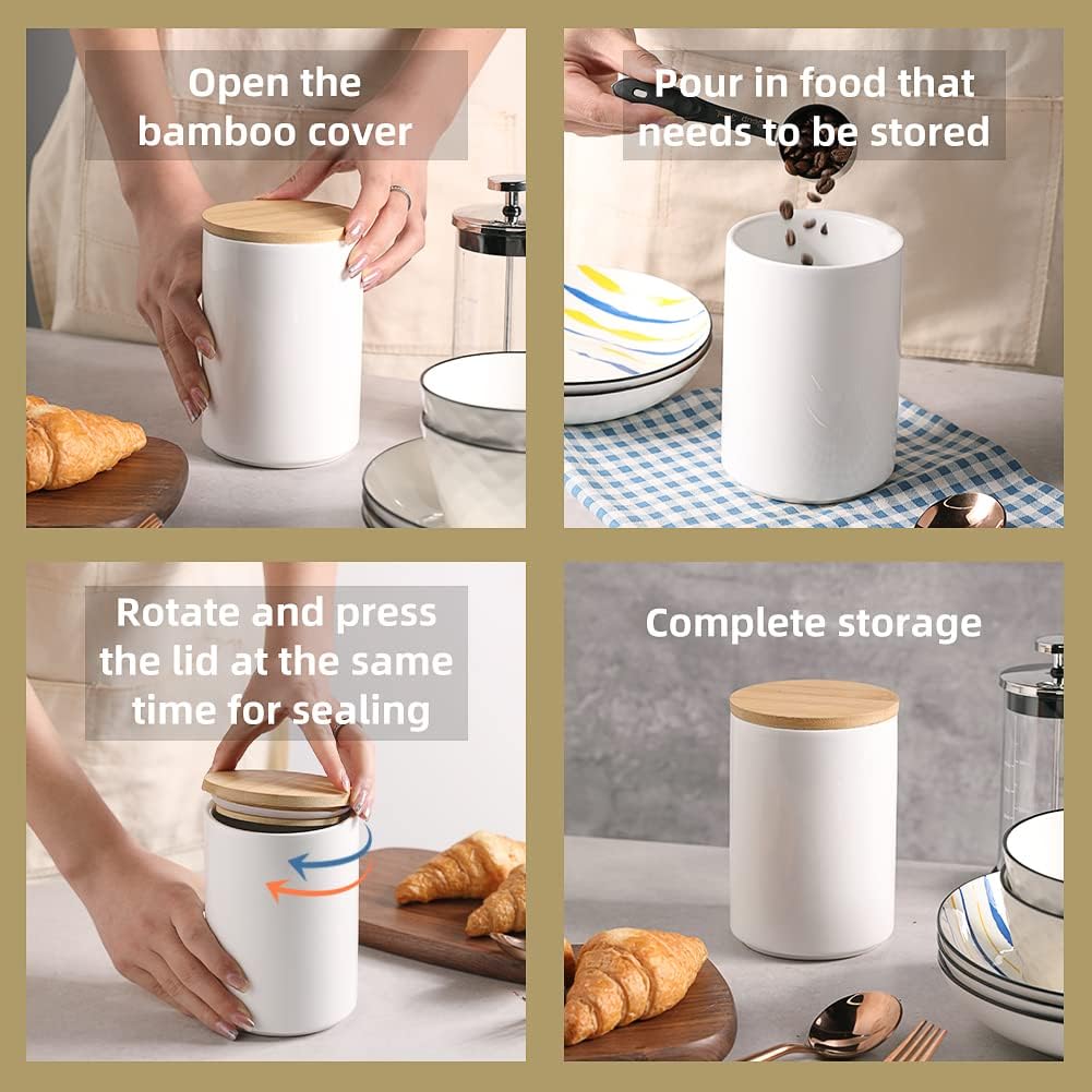 Sweejar Ceramic Kitchen Canister Sets, Porcelain Container for Countertop, Heavy Food Storage Jars with Airthight Seal Bamboo Lid, Servering for Sugar, Coffee Beans, Tea Leaves, Pack of 4（White）
