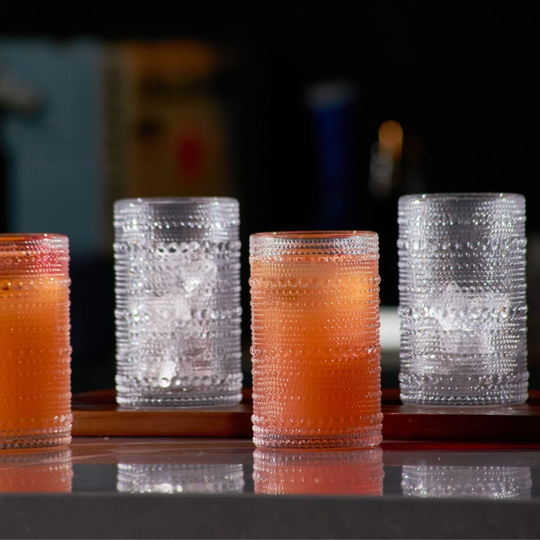 LEMONSODA Hobnail Highball Glasses Set of 4 – Vintage Clear Drinking Glass Cups 15oz – Textured Tall Retro Glassware Tumblers for Water, Iced Coffee, Cocktails, Soda, Juice (Highball 15oz, Set of 4)