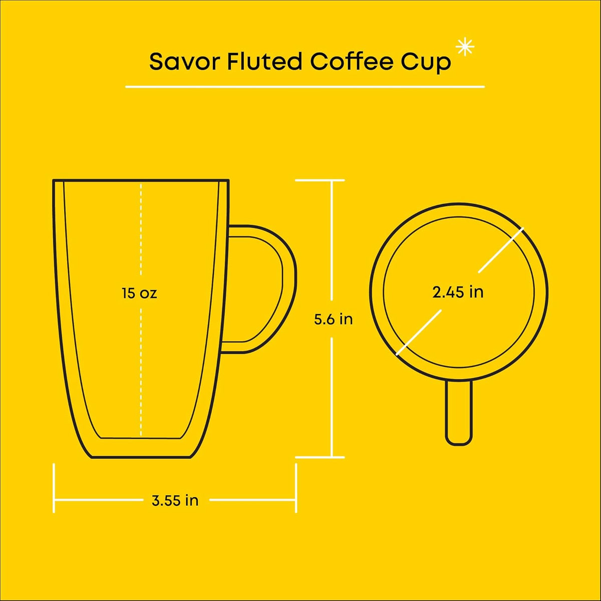 JoyJolt Fluted Glass Coffee Mugs - Double Insulated, 15oz Large Set of 2, Thermal Glass Coffee Mugs