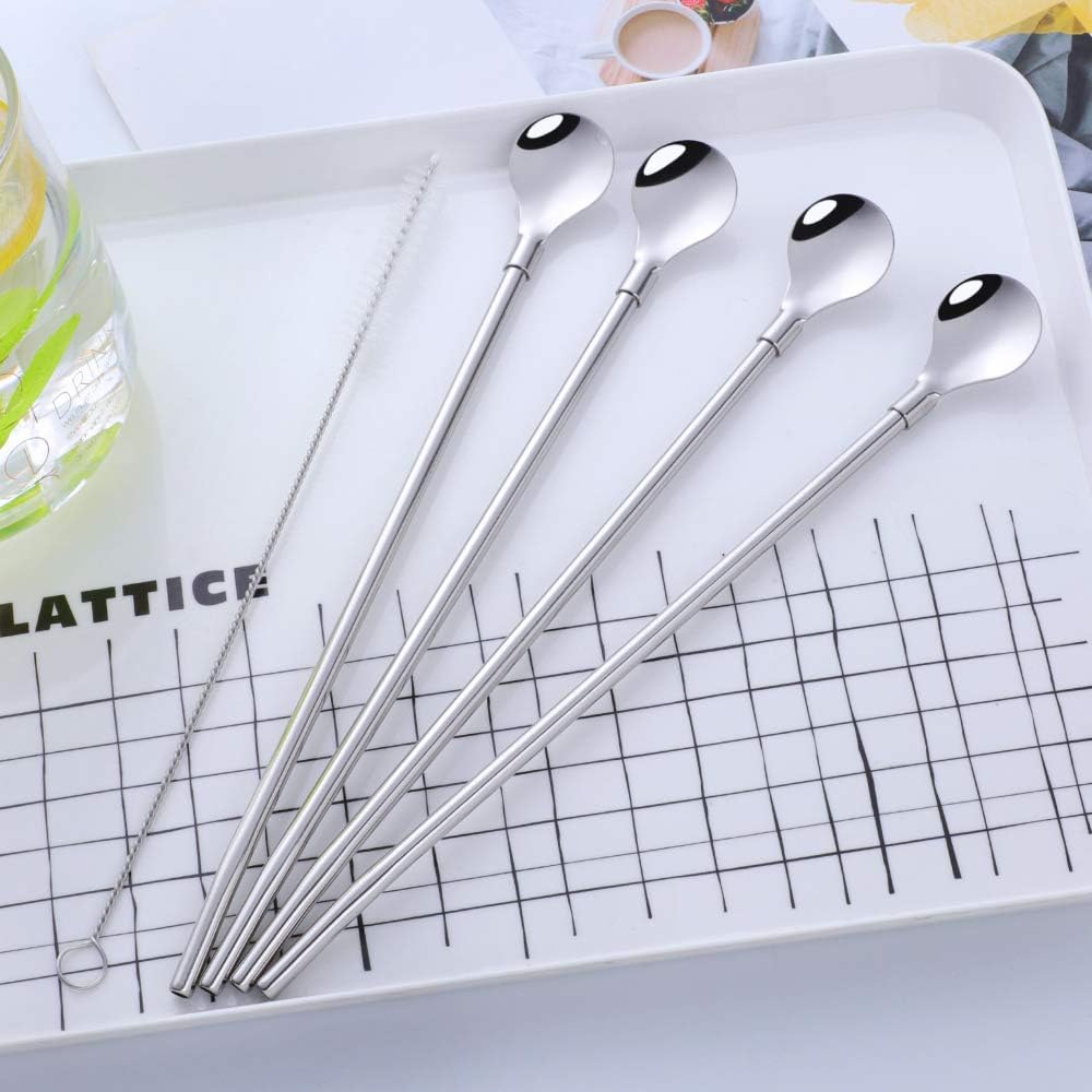 Straws - 8 PCS Silver 8.5 Inch 18/8 Stainless Steel Reusable Metal Straws With 2 Cleaning Brushes