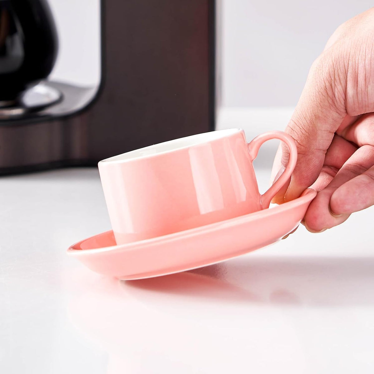 2.5oz Porcelain Stackable Espresso Cups with Saucers and Metal Stand Set of 4, Stackable Cappuccino Cups, Pink Expresso Shots Cup Set for Coffee Drinks, Latte, Tea