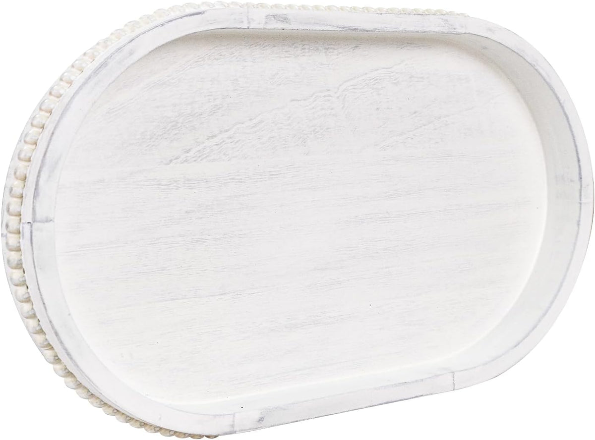 MAONAME Wood Serving Tray, Farmhouse Wooden Tray for Coffee Table, Oval Beaded Trays, Vintage White Decorative Trays for Living Room, Kitchen, 15" X 9" X 1.2"