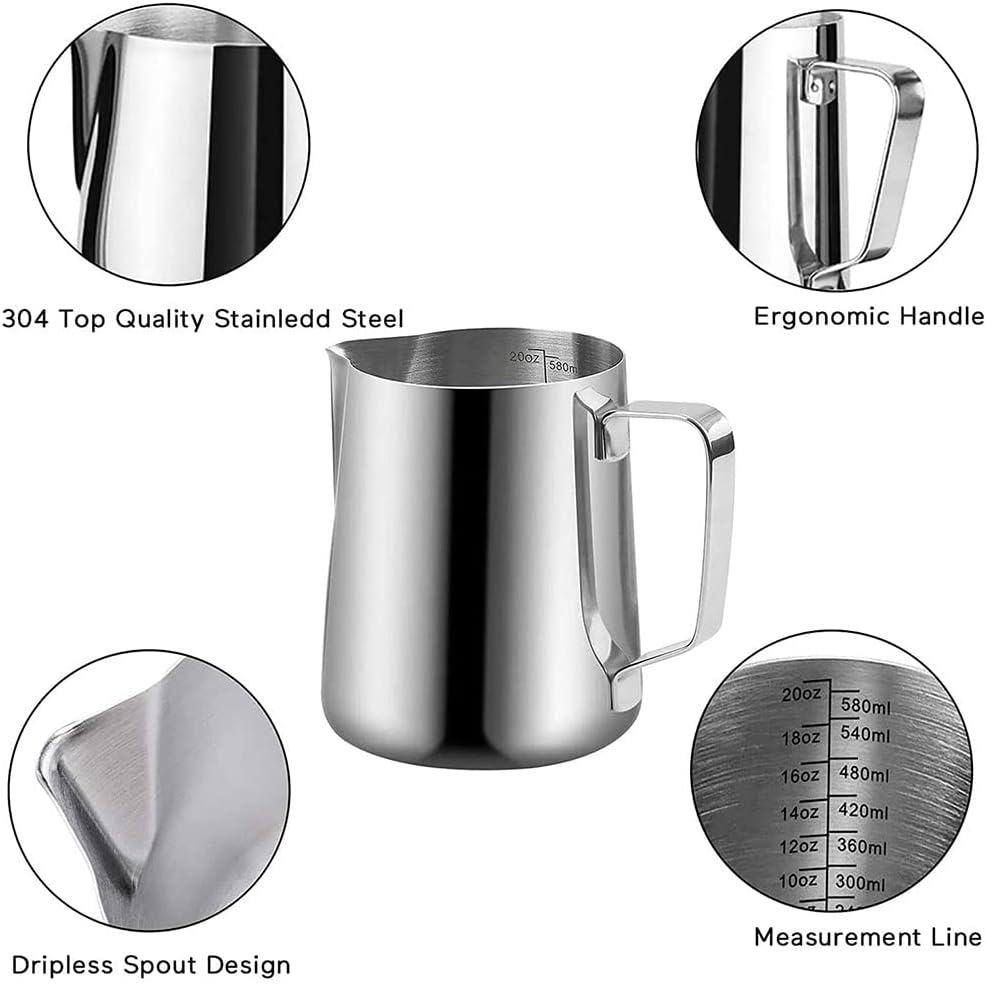 20 oz Milk Frothing Pitcher, 304 stainless steel 600ml milk can coffee frothing cup with art deco pen milk jug coffee cup used to make cappuccino latte