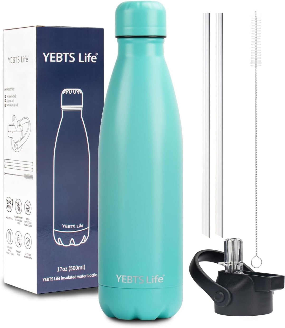 Insulated Water Bottle, 17oz Stainless Steel Water Bottles with straw lid, Metal Sports Water Bottles for Boys,Girls, Double Wall Vacuum BPA-Free Flask for School, Sports & Travel-Turquoise