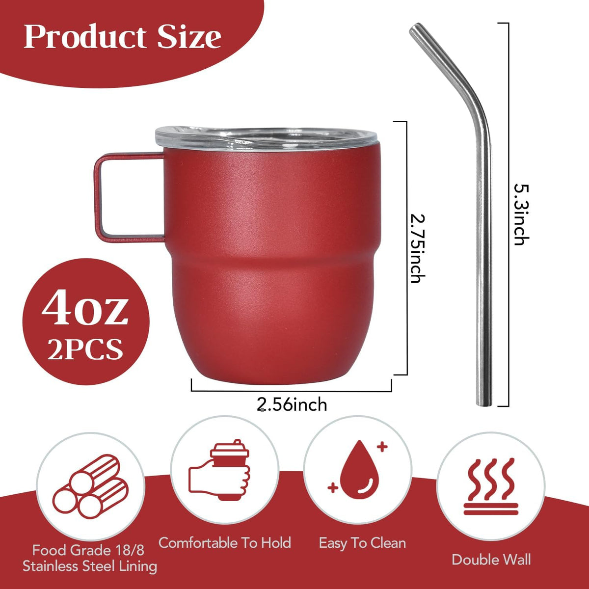 4oz Stackable Cup, Vacuum Insulated Espresso Cup Set of 2, Espresso Mug for Coffee, Double Wall Stainless Steel Mini Tumbler Shot Glasses with Straw and Lid