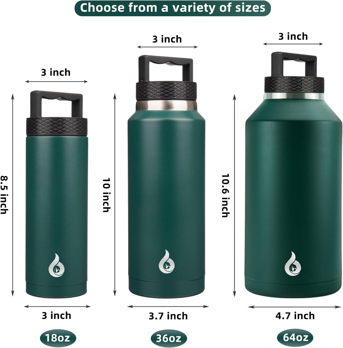 BJPKPK Insulated Water Bottles, Dishwasher Safe 18 oz Water Bottle with Handle, Leakproof BPA Free Water Jug, Stainless Steel Thermos for Sports, Army Green