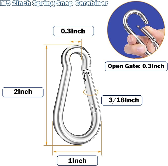 200PCS 2" Spring Snap Hook Carabiners, 3/16" Heavy Duty Galvanized Steel Carabiner Clips, 220lbs Capacity M5 Spring Clips Keychain for Hammock Swing,Dog Leashes, Water Bottle and Outdoor Activities