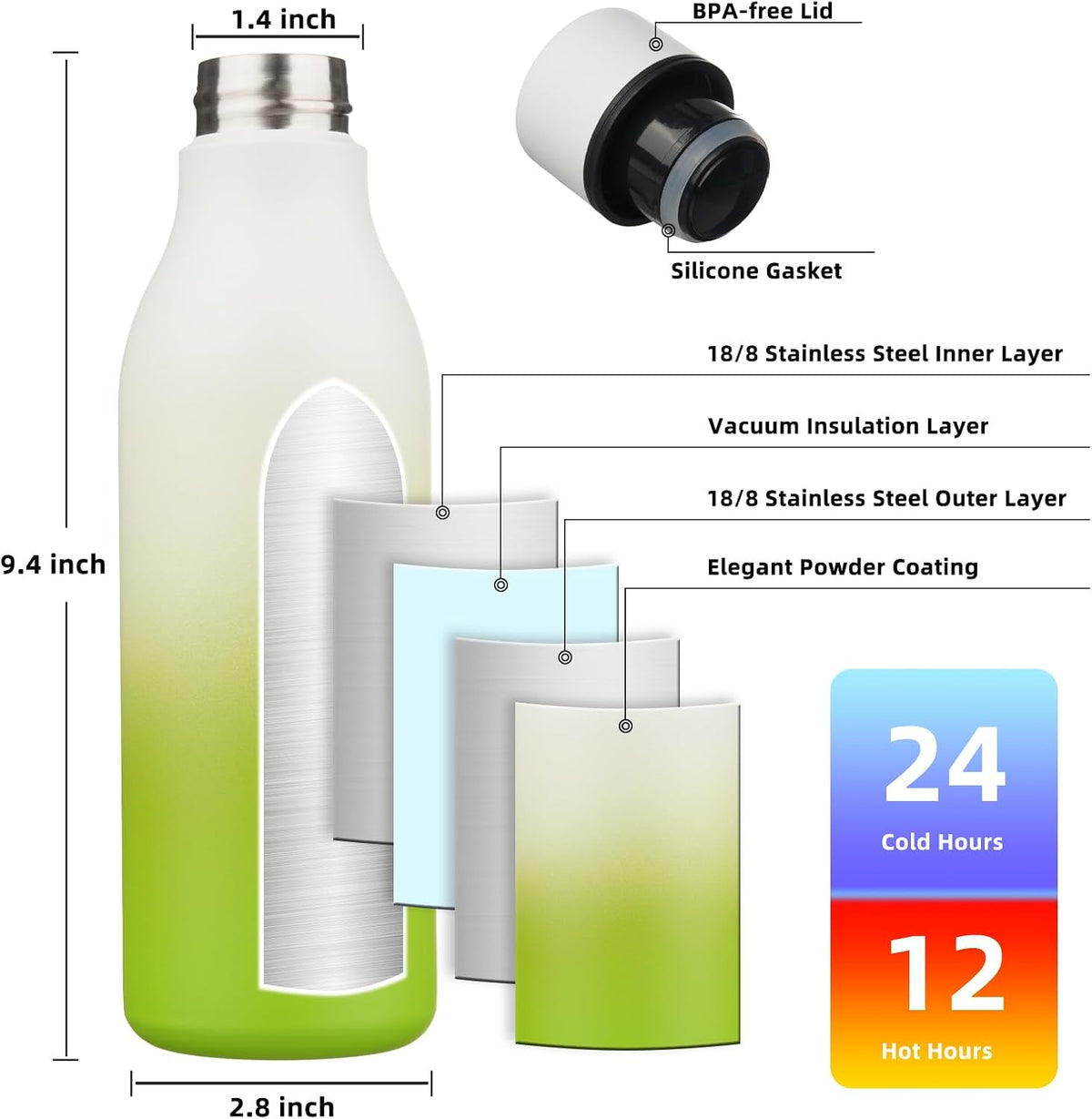 BJPKPK Insulated Water Bottles, 18 oz Stainless Steel Metal Water Bottle with Strap, BPA Free Leak Proof Thermos, Mugs, Flasks, Reusable Water Bottle for Sports & Travel, Elegant Green
