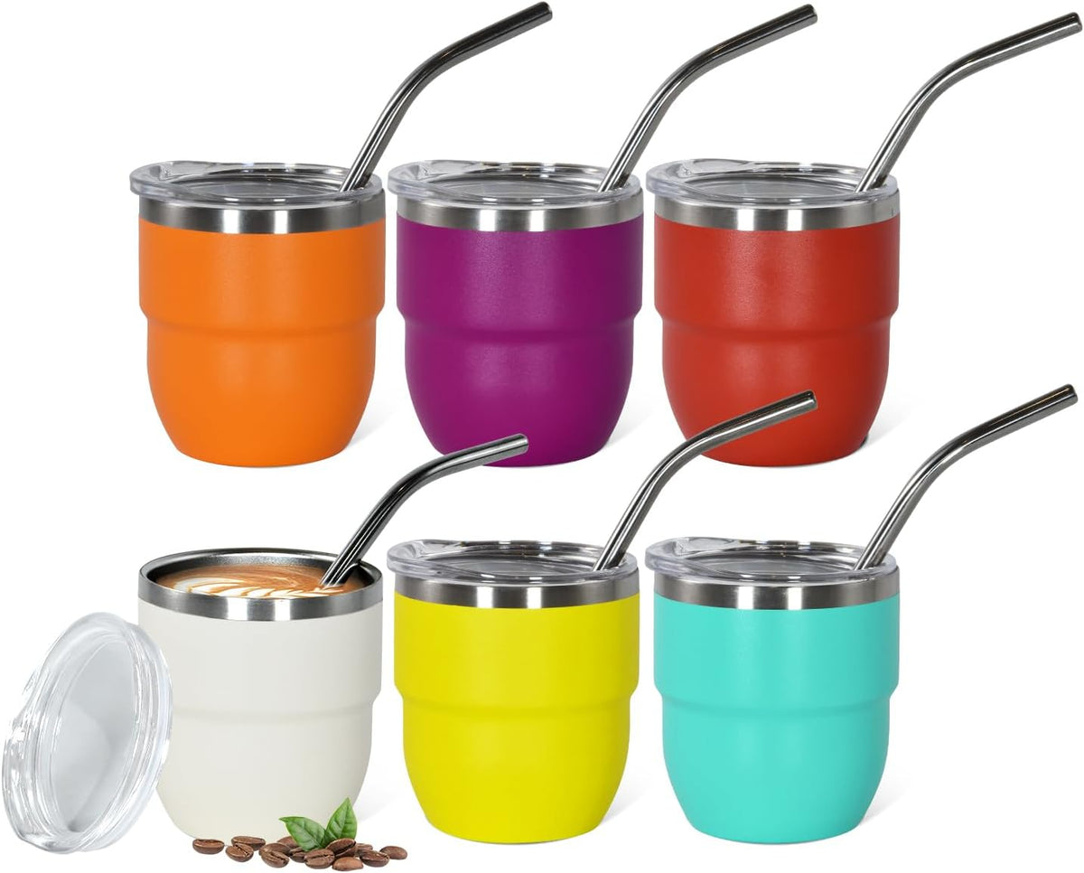 4oz Stackable Cup, Vacuum Insulated Espresso Cup Set of 6, Espresso Shot Cup for Coffee, Double Wall Stainless Steel Mini Tumbler Shot Glasses with Straw and Lid (A-mixed6P, 4oz)