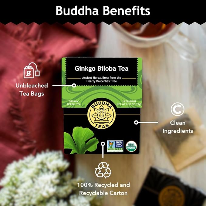 Buddha Teas - Ginkgo Biloba - Organic Herbal Tea - For Cognitive Balance & Overall Health - With Vitamin C - Energizing Blend - Caffeine Free - 100% Kosher & Non-GMO - 18 Tea Bags (Pack of 1)