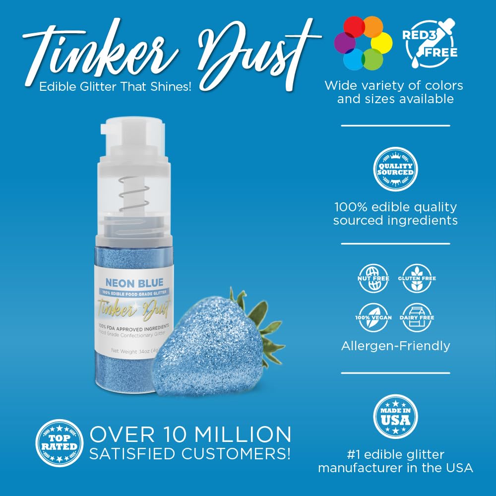 Bakell - Neon Blue Tinker Dust (4g, 1x Mini Spray Pump) Edible Glitter for Food, Desserts, and Beverages!
