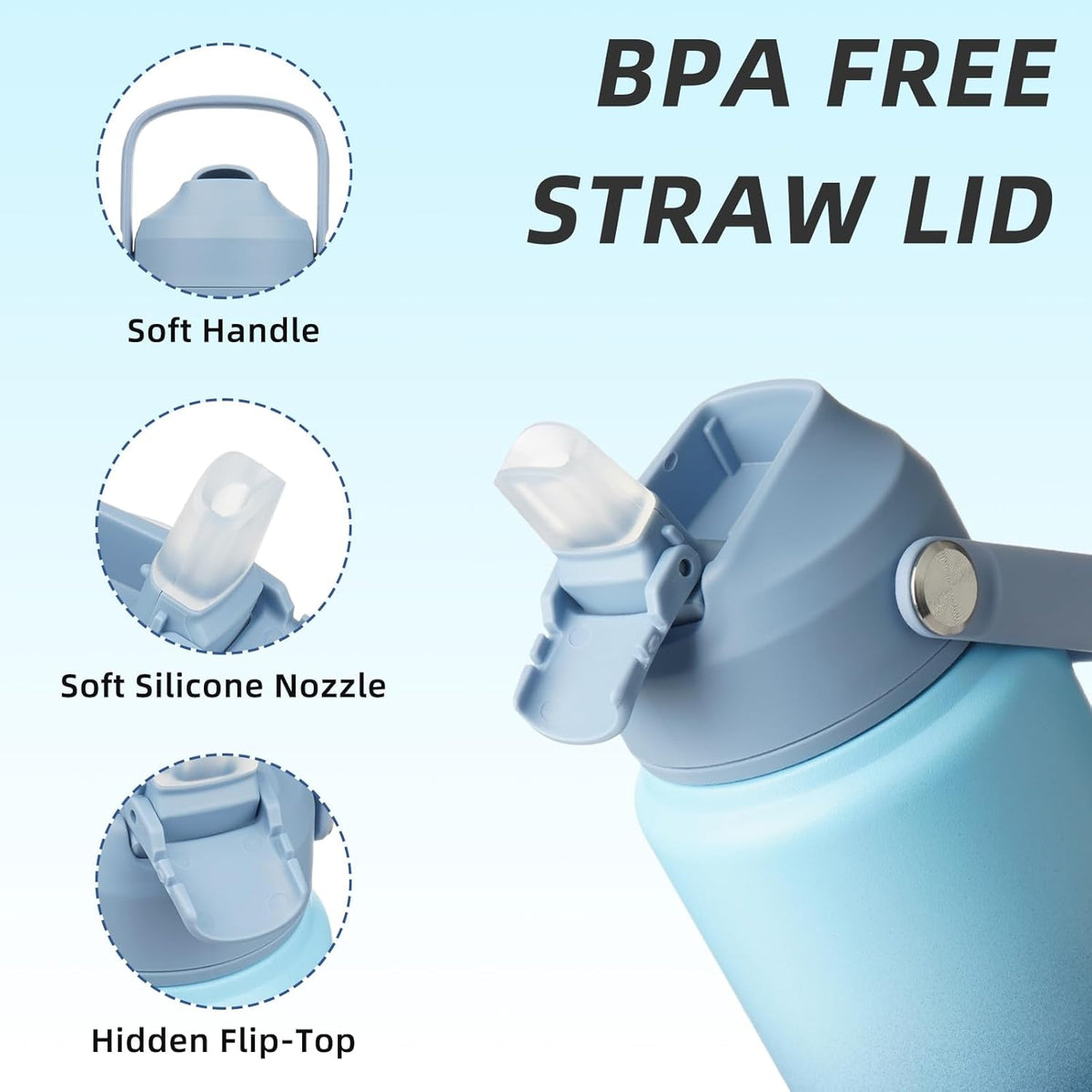 BJPKPK Water Bottle with Straw Lid, 24oz Vacuum Insulated Water Bottles, Metal Stainless Steel Thermos for Sports, Travel, BPA Free Leak Proof Thermos, Cups, Flasks, Tumblers,Sky