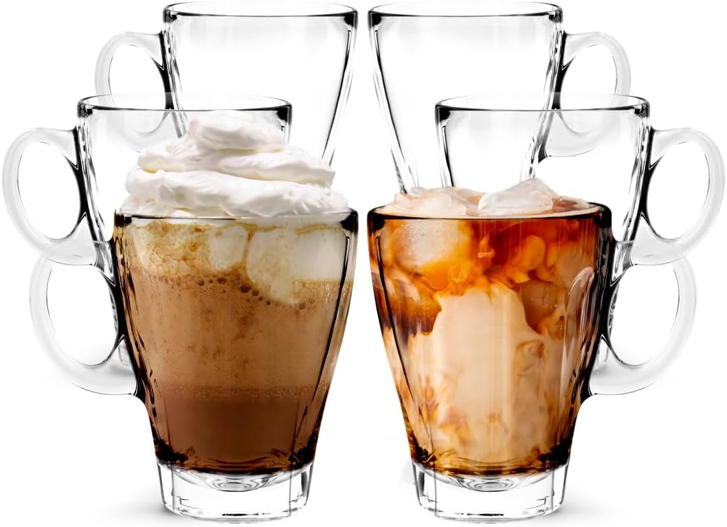 LEMONSODA Clear Large Glass Coffee Mug with Handles for Hot Beverages, Clear Mugs for Espresso, Tea, Cappucino, Latte, Juice (8.75 oz, 10.5 oz, 12 oz) (12 oz, Set of 6)