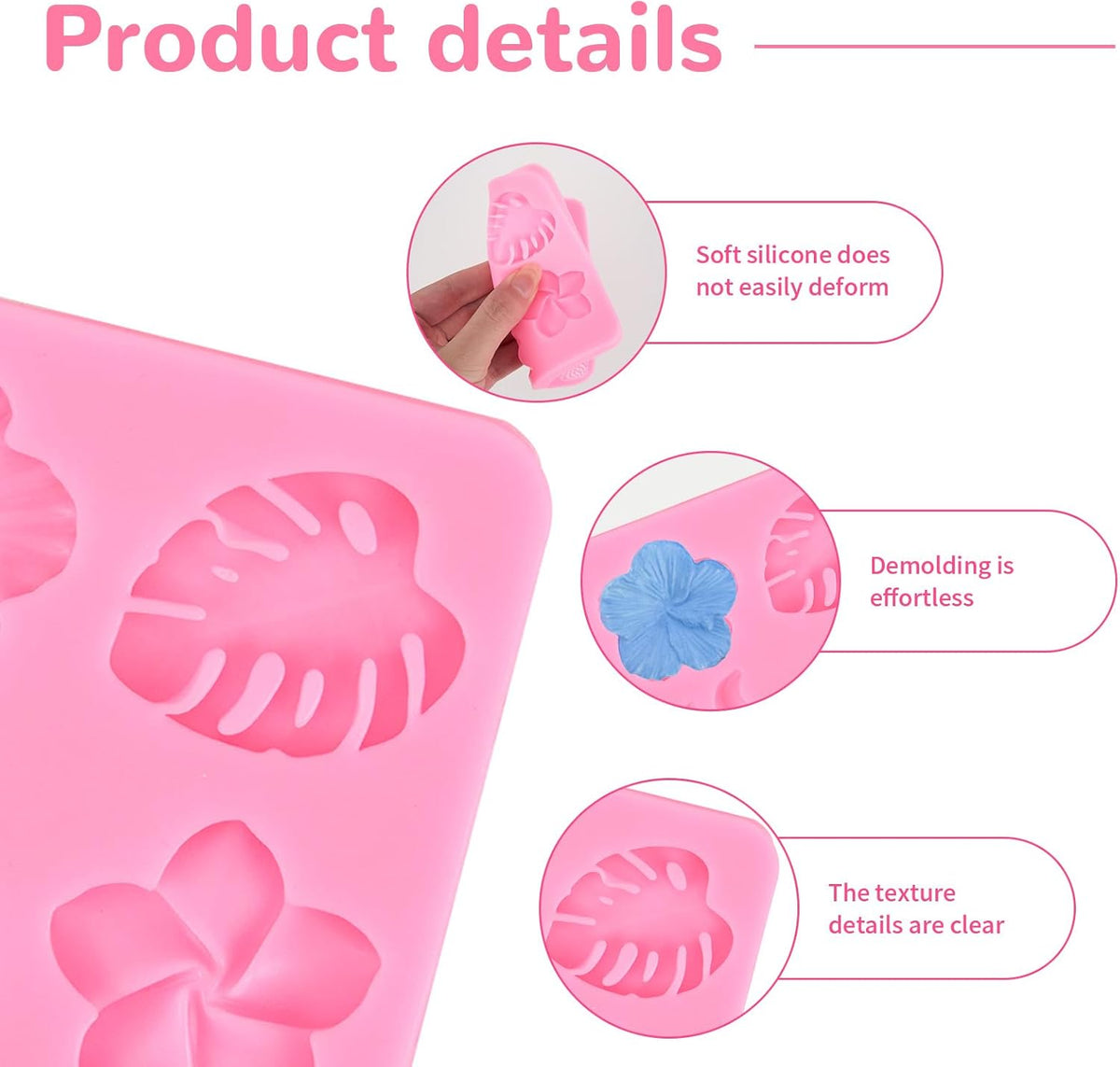 2 Pcs Tropical Flowers and Leaves Silicone Mold Set Plumeria,Hibiscus,Monstera Leaf for Diy Chocolate,Candy,Gummy Molds,Fondant,Cupcake Topper,Hawaiian Party Decoration(Pink)