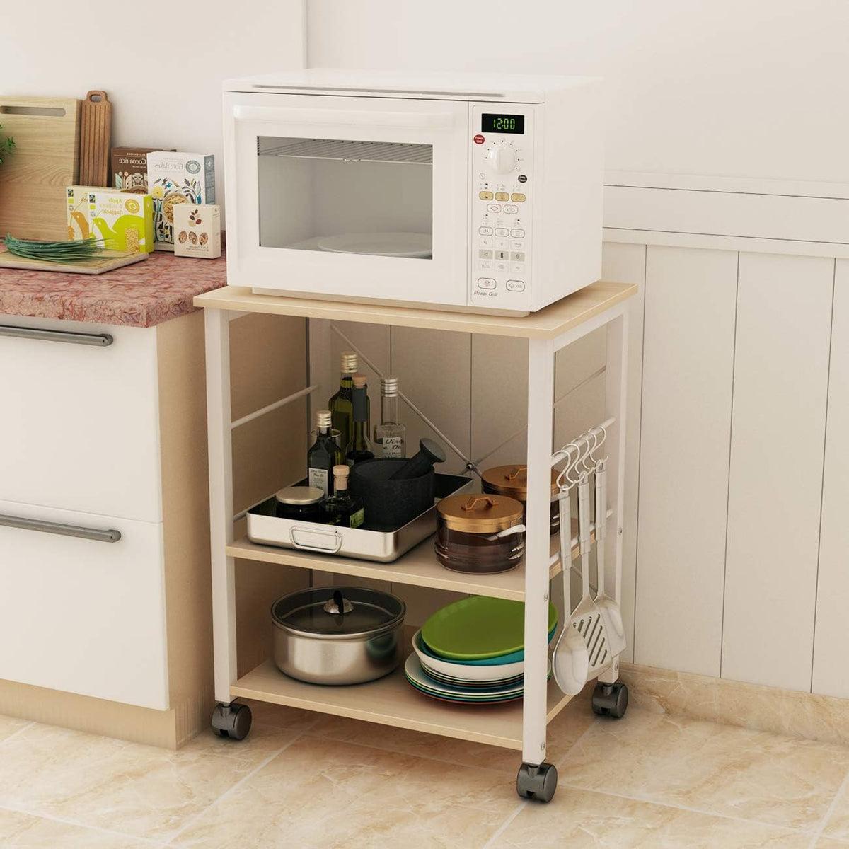 DlandHome Standing Baker's Racks Appliance Table Small Rolling Kitchen Cart Microwave Cart Stand, 3-Tier Kitchen Baker's Rack Utility Cart Microwave Stand Kitchen Shelf, W4-Maple