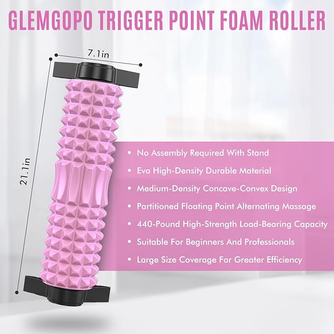 Trigger Point Foam Roller with Stand, 18 Inch Medium Density Foam Roller Long Yoga Roller Foam Exercise Roller for Physical Therapy, Muscles Deep Tissue, Pilates, Back Pain and Muscle Recovery (Pink)