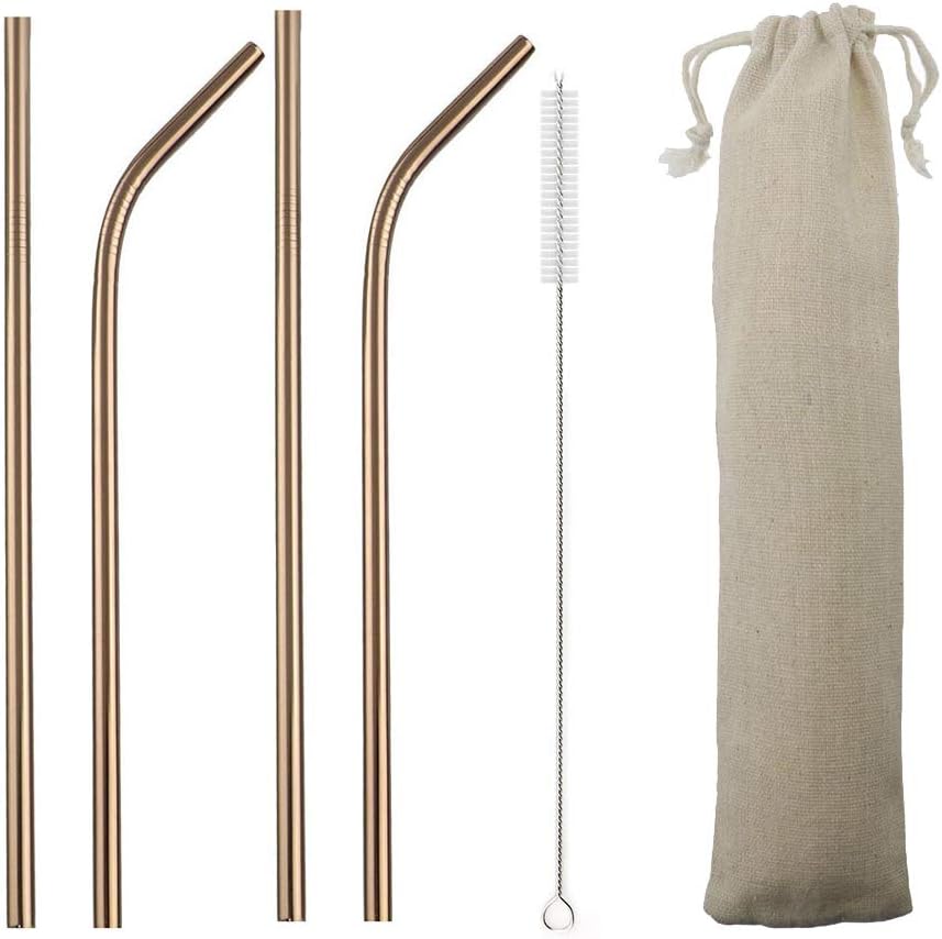 Gugrida Metal Straws Stainless Steel Straws 8.5" Drinking Straws Reusable 4 Set - Ultra Long Muti Color-Cleaning Brush for 20/30 Oz for Trail Tumblers Yeti RTIC SIC Ozark (2 Straight|2 Bent|1 Brush）