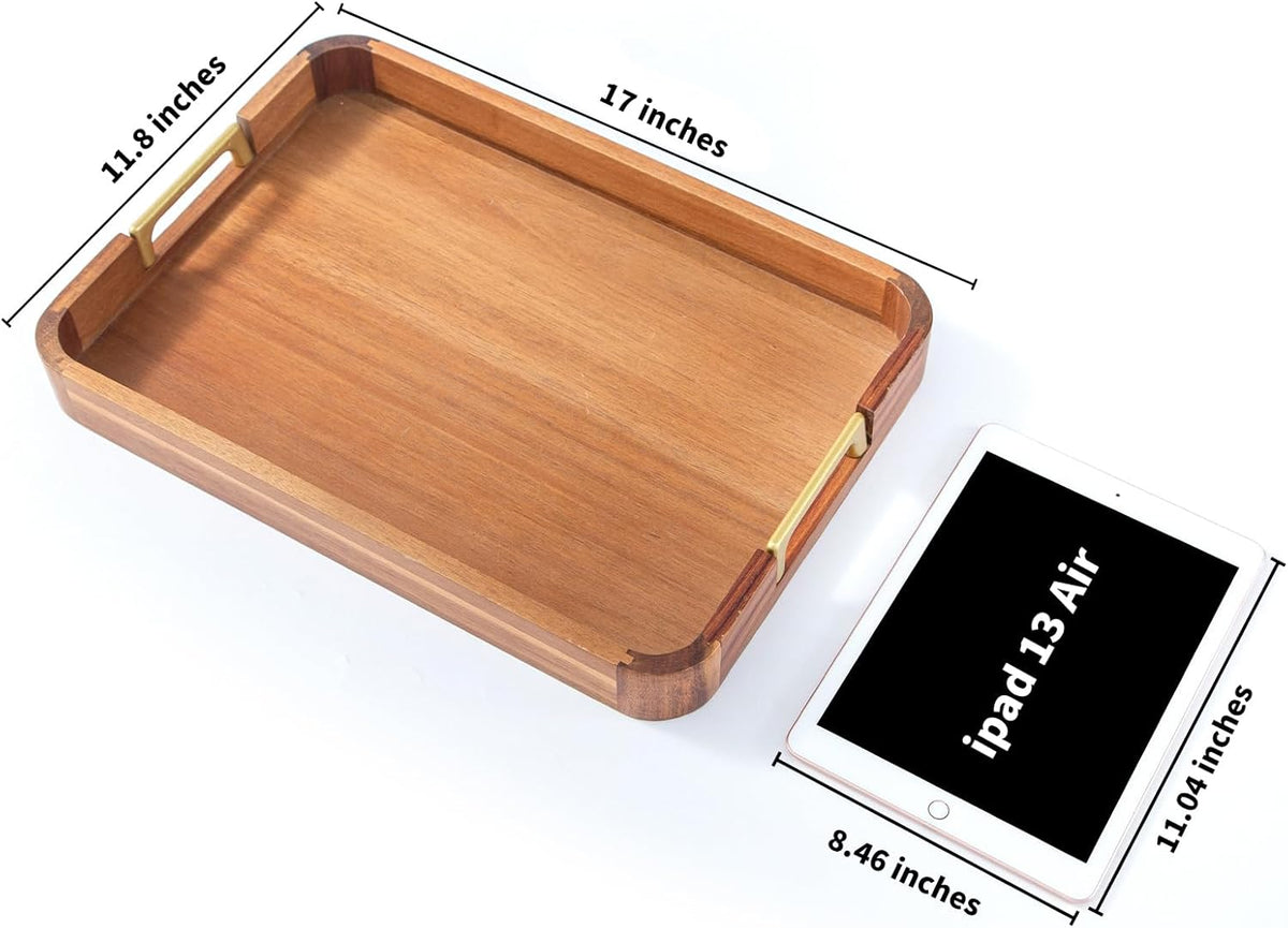 Acacia Wood Serving Tray with Metal Handles, 17x12in Food Drinks Tray for Coffee Table, Breakfast, Dinner & Bar, Rustic Decorative Storage Tray for Ottoman, Kitchen, Parties