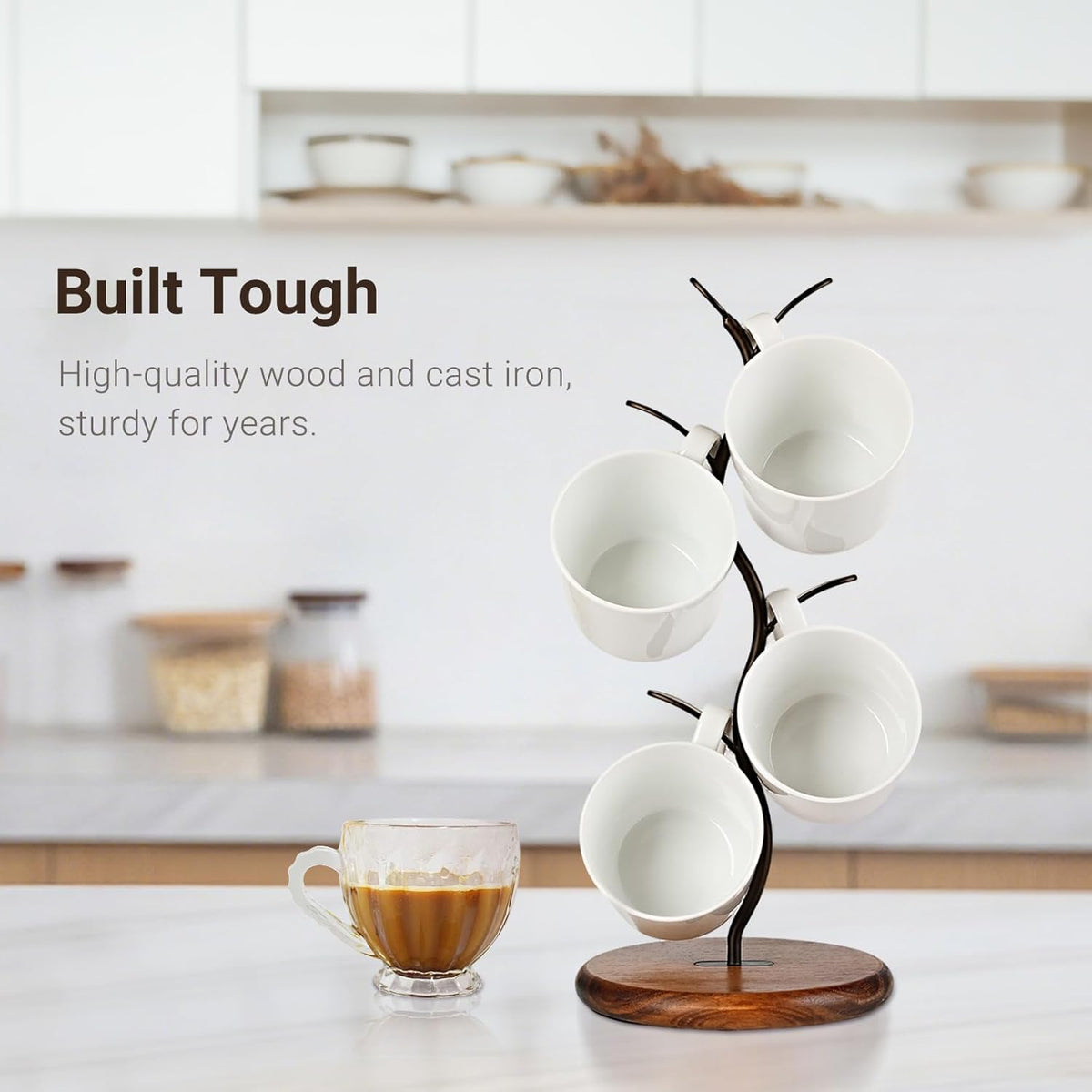 Sturdy Countertop Mug Tree with Solid Wood Base, Delicate Cast Iron Coffee Mug Holder, Countertop Coffee Cup Holder for Large Cups, Minimalist Mugs & Tea Cup Storage Rack (Set of 2)