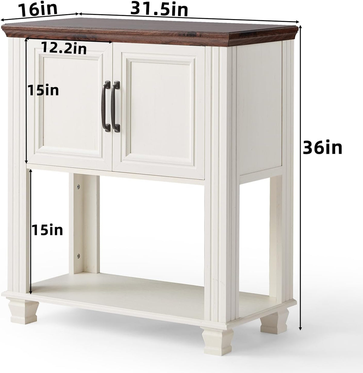 Farmhouse Coffee Bar Station with 2-Door Cabinet, Small Kitchen Cabinet with Open Lower Shelf, Entryway Table with Storage for Dining Room, Kitchen, Hallway, Living Room, White