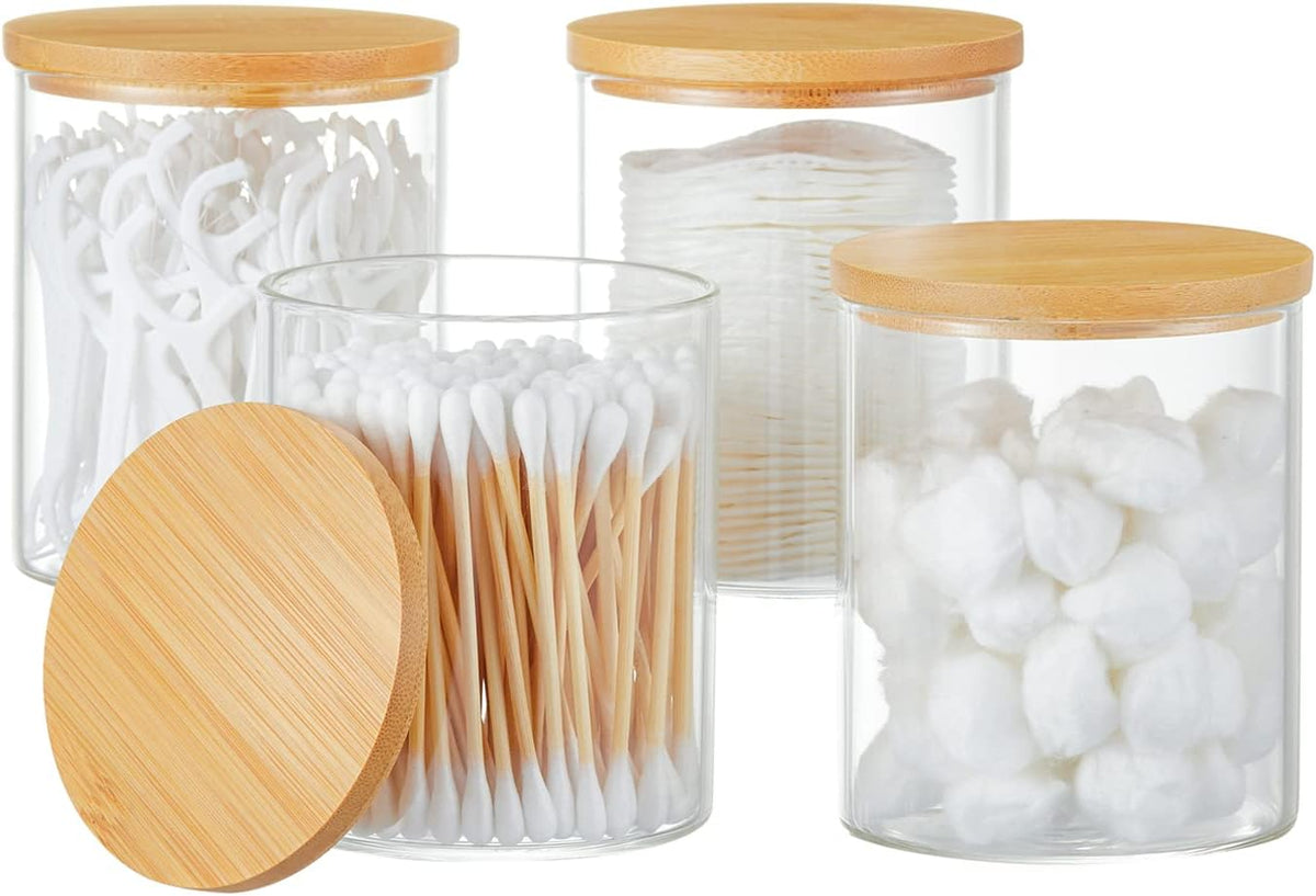 4 Pack Glass Qtip Holder Dispenser Glass Apothecary Jars with Lids Cotton Ball Swab Pad Holder Bathroom Essential Canisters Accessories Jars for Bathroom Organization Vanity Organizers