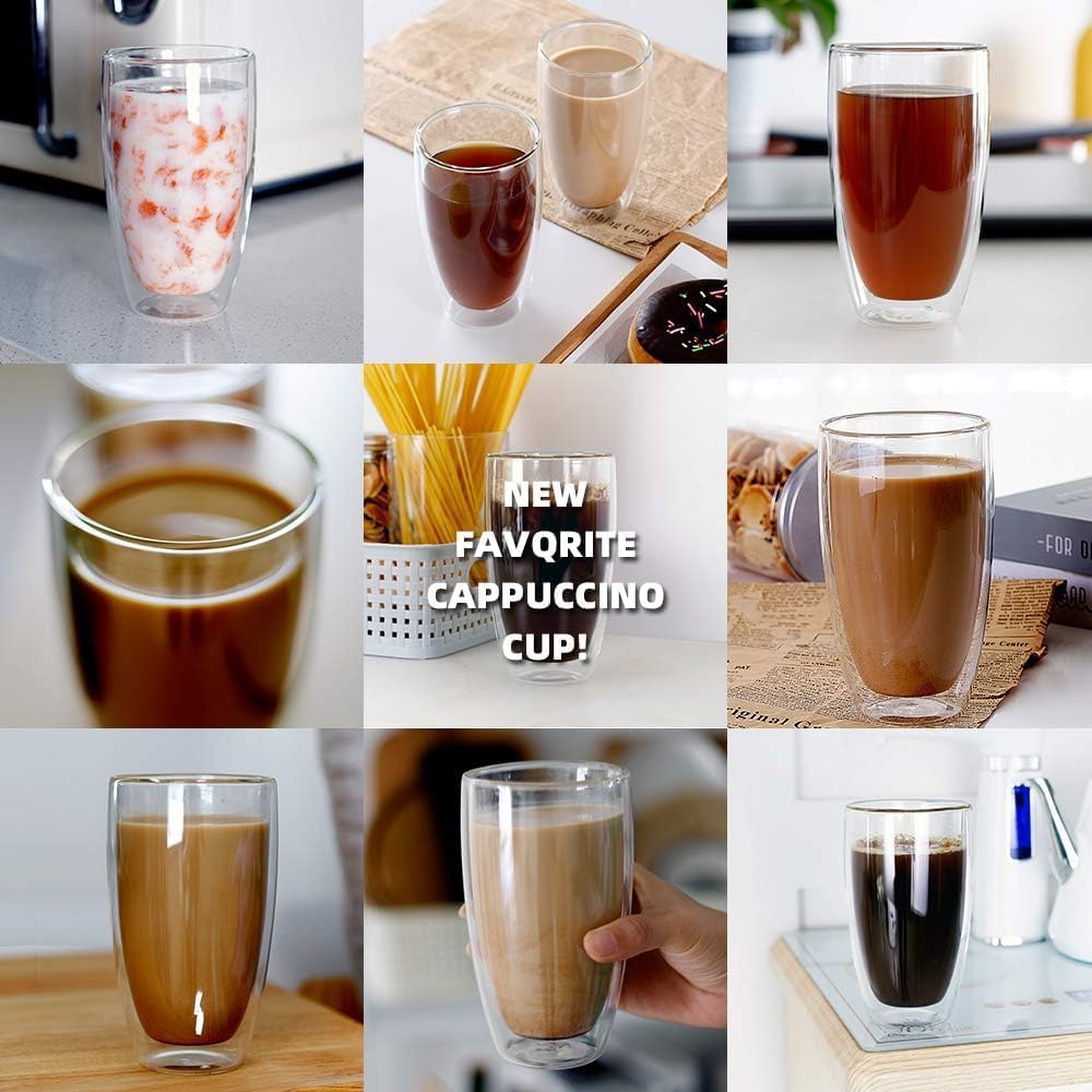 17oz Double Wall Glass Coffee Mugs Set of 2, Insulated Coffee Mug, Clear Borosilicate Glass Coffee Cups for Cappuccino, Tea, Lightweight and Microwave Safe