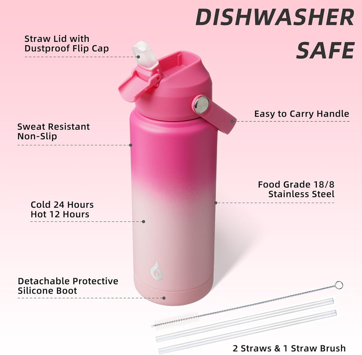 BJPKPK Water Bottle with Straw Lid, 24oz Vacuum Insulated Water Bottles, Metal Stainless Steel Thermos for Sports, Travel, BPA Free Leak Proof Thermos, Cups, Flasks, Tumblers,Cherry