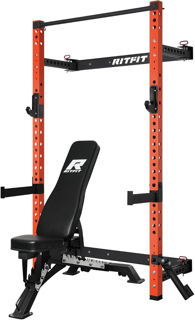 RitFit Multi-Functional Folding Squat Rack for Home Gym, 2.36'' x 2.36'' Wall Mounted Squat Rack with Attachments - Space Saving Squat Power Rack
