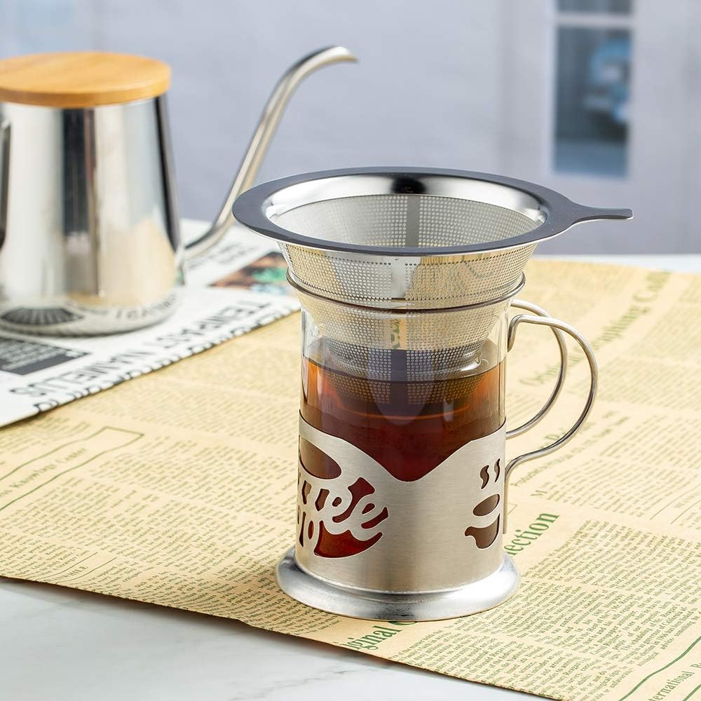Upgraded Pour Over Coffee Filter, Coffee Dripper, Paperless Mess Stainless Steel Coffee Filter, Maker One to Two Cup Coffee, Easy to Use and Clean (1-2Cups)