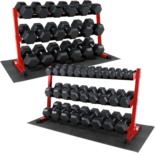 WF Athletic Supply Rubber Coated Hex Dumbbell Set, Multiple Choices Available - Dumbbells with Rack Stand and Mat, or Dumbbells Only (200/550/1200/2100/3000 LB)