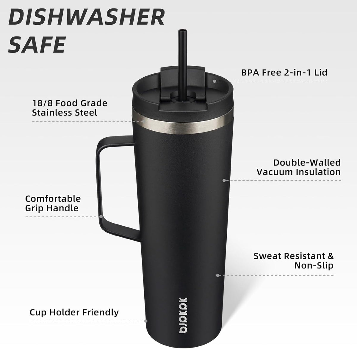 BJPKPK Insulated Tumbler with Handle, 30oz Insulated Tumblers with Lid and Straw, Stainless Steel Metal Water Bottles, Coffee Travel Mugs, Cups, Black