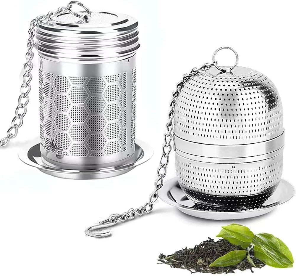 Tea Strainer Tea Infuser for Loose Tea, Tea Steeper 304 Stainless Steel Tea Mesh Strainer with Lid and Drip Tray, 2 Pack Tea Diffuser with Chain Hook, Tea Ball to Brewing Steeping Loose Leaf